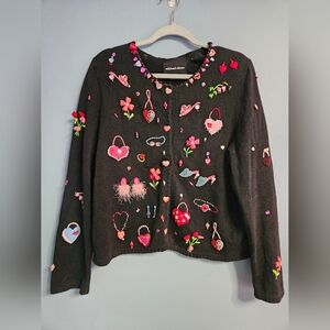 Vtg Michael Simon Cardigan Womens L Black Valentine’s Day Hearts Long Sleeve